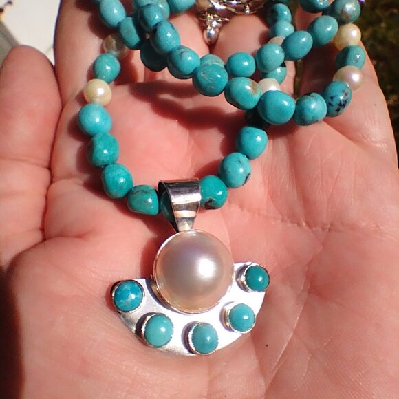 Jay King DTR mine finds Turquoise Mabe pearl necklace pendant 925 Sterling Silve - Picture 2 of 6